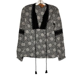 Tory Burch Cotton Black White Patterned Tassel Blouse Tunic Top Size 6 R